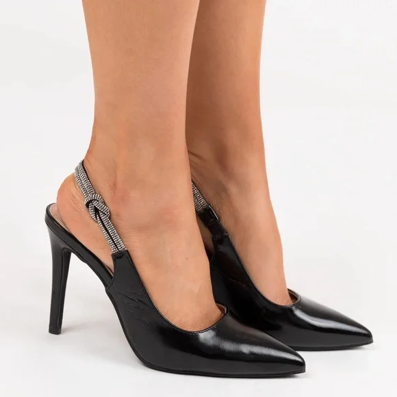 New Black Slingback Rhinestone Strap Pointed Heels size 10 - Picture 3 of 8